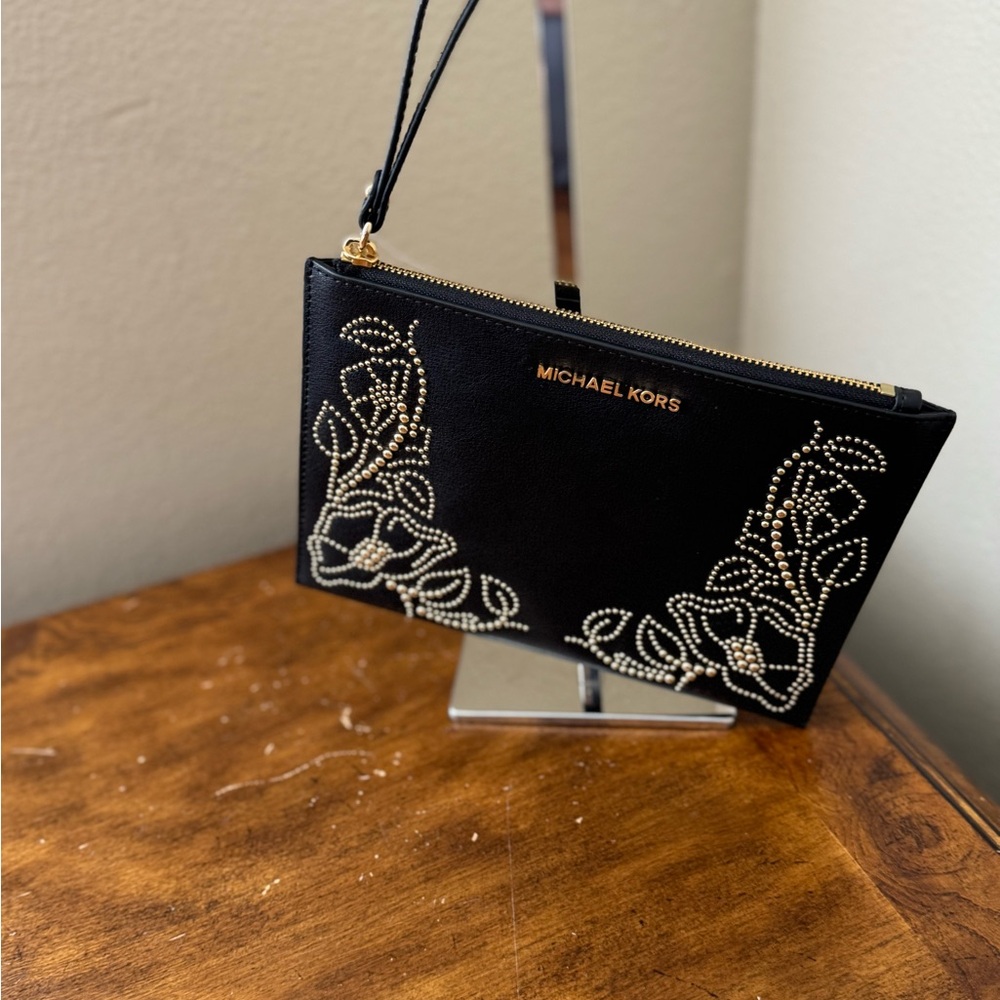 MICHAEL KORS Nouveau Floral Black Leather Gold Studded ClutchWristlet/Bag